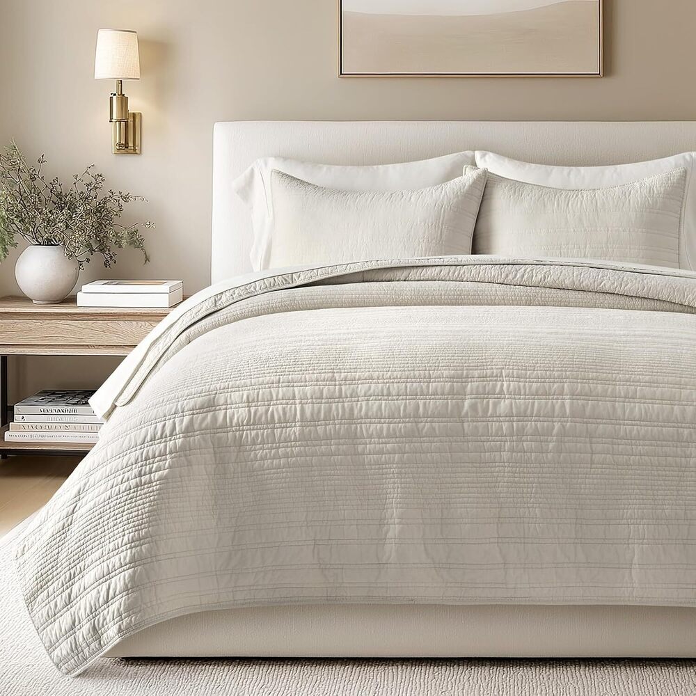 100% Cotton Modern Lines Quilt Set King Size, Pre-Washed Soft